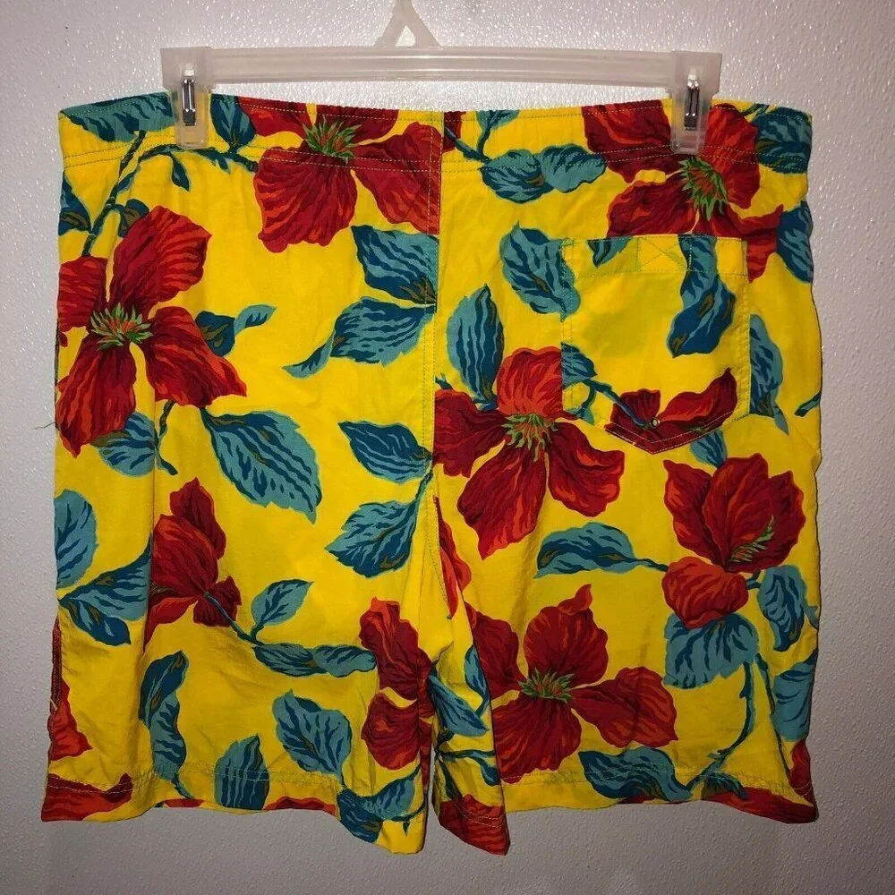 VTG Polo Sport Ralph Lauren Mens Large Yellow Floral Hawaiian Shorts Swim Trunks